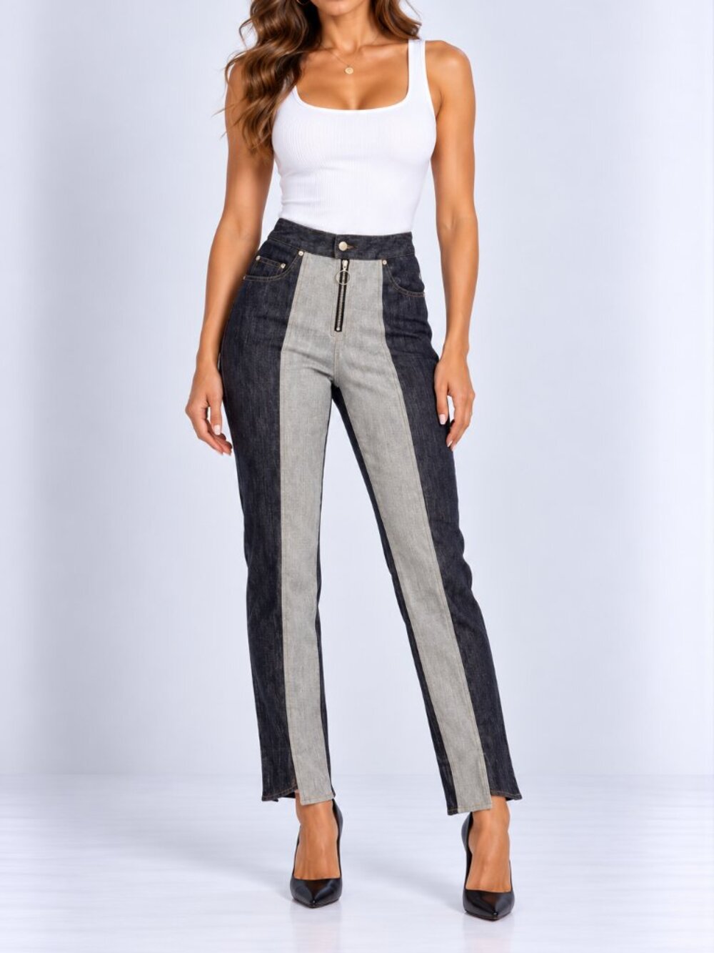Yigal Azrouel Two Tone Ankle Crop Denim Jeans High Rise Straight 6 NWT